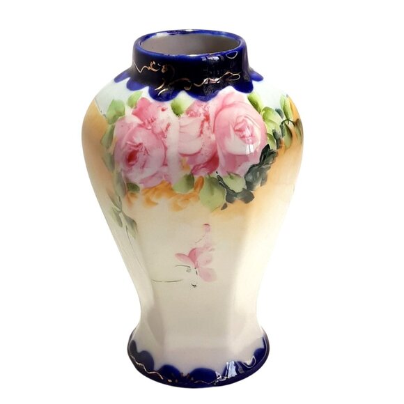 Antique Hand Painted Vase Japan Nippon? Cobalt Roses Granny Academia Traditional - Picture 1 of 10